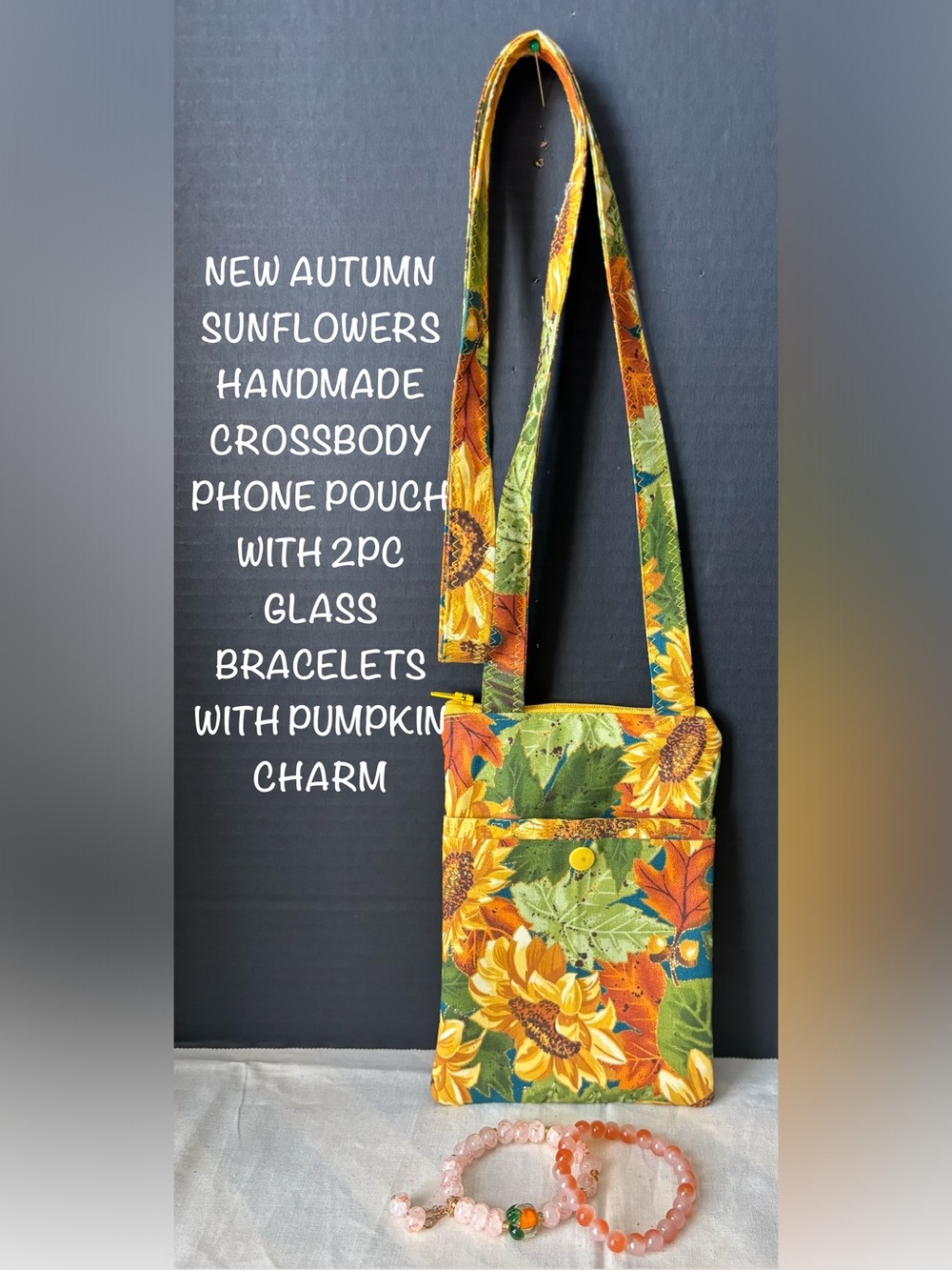 NEW AUTUMN SUNFLOWERS LEAVES HANDMADE CROSSBODY PHONE POUCH W/2PC BRACELET SET